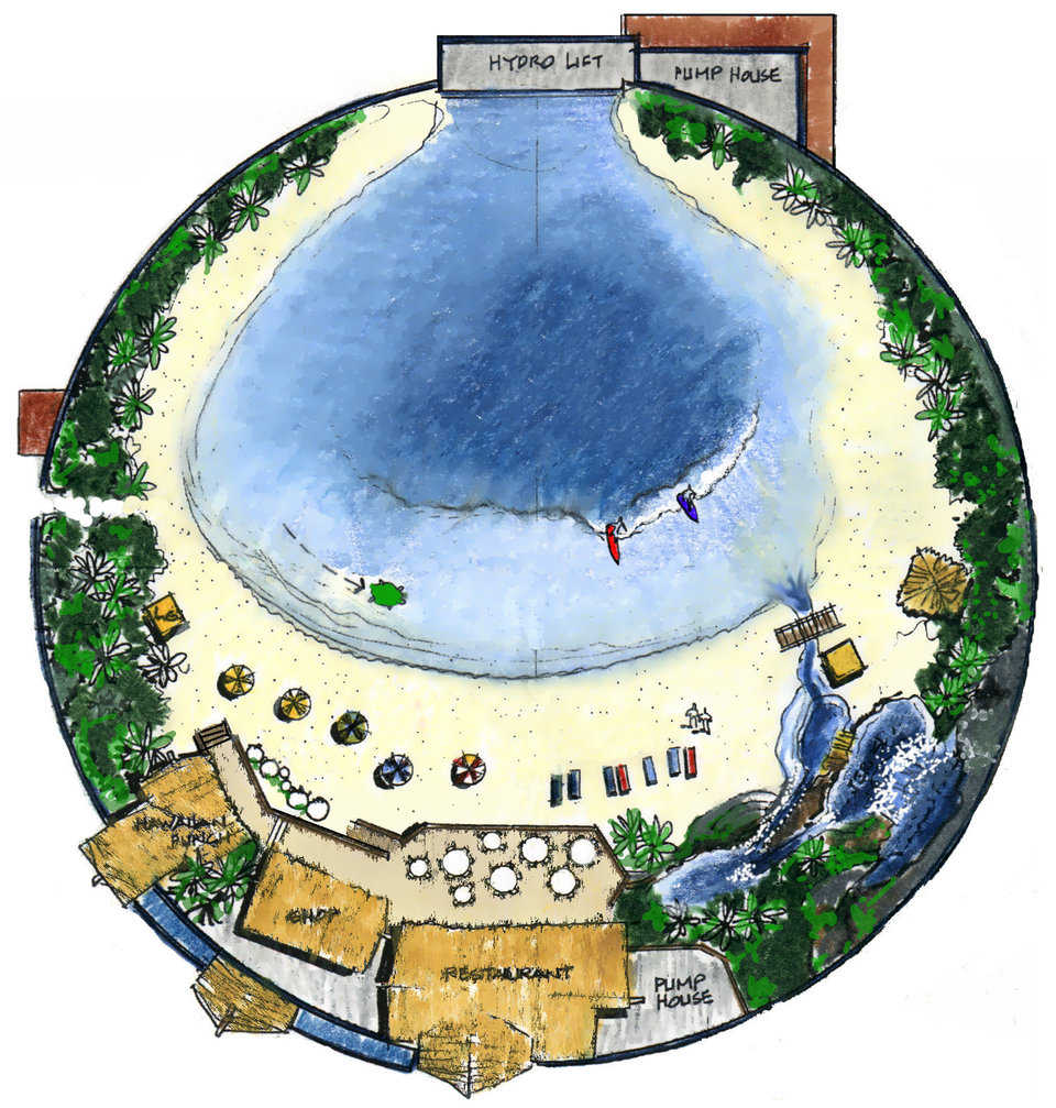 Venue for a delightful afternoon — This proposed Monolithic Dome indoor water facility has a tropical setting that includes a wave pool, sandy beach, restaurant, dressing area, plants and a gift shop. Because it’s a Monolithic Dome it can be operated all year, not just seasonally.
