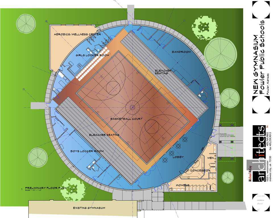Floor Plan — In addition to school sport activities, the community will use this Monolithic Dome gym for town-hall meetings and as a Community Wellness Center with a variety of exercise equipment.