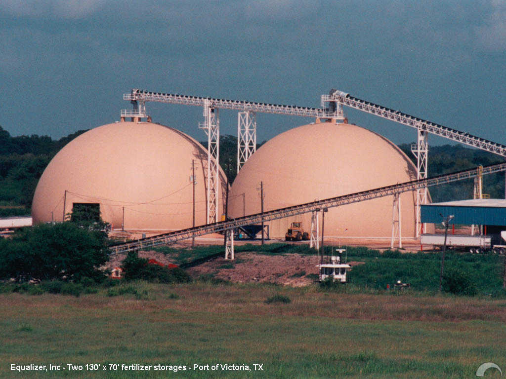 Fertilizer Storages — Built for Equalizer, Inc. in Port of Victoria, Texas, these two Monolithic Domes measure 130′ × 70′. In 2004 a major hurricane nearly destroyed the plant, did some damage to the conveyors but did not hurt the domes.