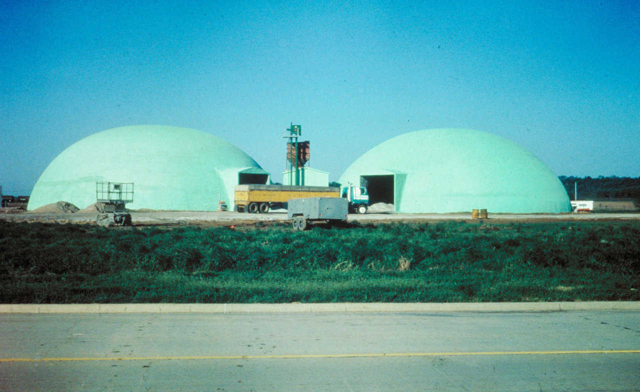 Cullet Storage — Two 105’ diameter domes were built for Ford Motor Company in Tulsa, Oklahoma for the containment of cullet (broken glass). Furnaces that produce glass are much more efficient when broken glass is mixed with new materials to create new glass. So the plant actually makes broken glass, then holds it in the dome until needed for the manufacture of new glass.