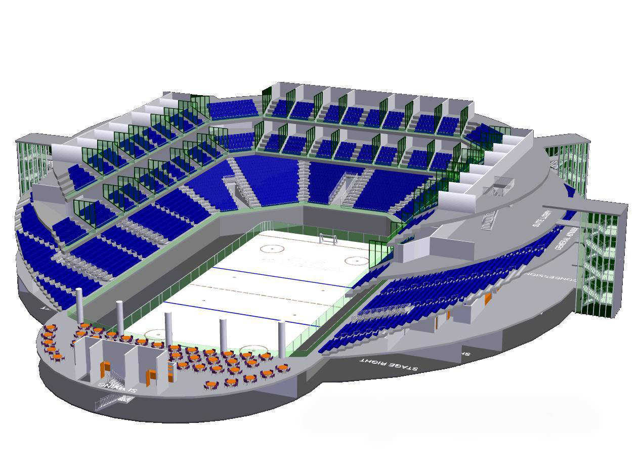 Hockey arena design — Indoor hockey arena with accommodating seating around three sides and a club/restaurant at one end. Suites and club seating included on the upper level. Locker rooms and offices located on the arena level.