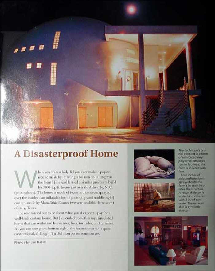 On the cover — In its Aug/Sep 2003 issue, Fine Homebuilding Magazine did a feature article and devoted its back cover to Cloud Hidden, as a Monolithic Dome dream home.