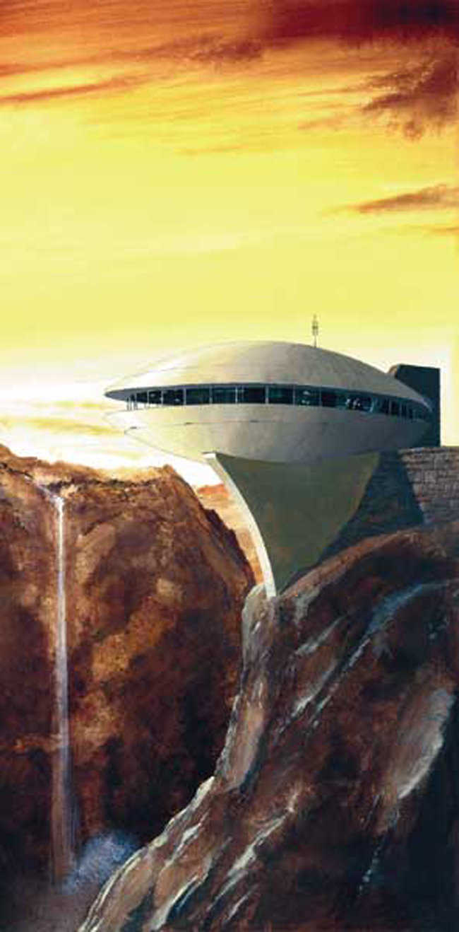 Dome on a Cliff — Can you really build that? This dome was designed on a cliff as a visitors center for a state park in Wyoming. It has not been built, but it is possible! This rendering was originally published on the cover of the Fall 1998 Roundup and quickly became our most popular issue.