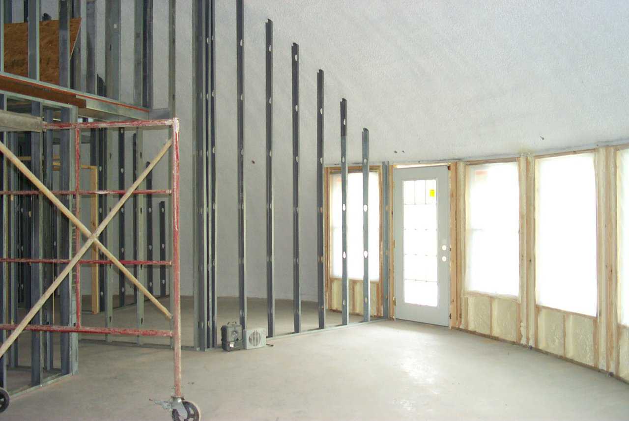 Interior Framing — Interior framing in a Monolithic Domes is not that much different than in conventional buildings.  We have wood studs for the exterior that have been insulated with polyurethane foam, and metal studs for the interior walls.
