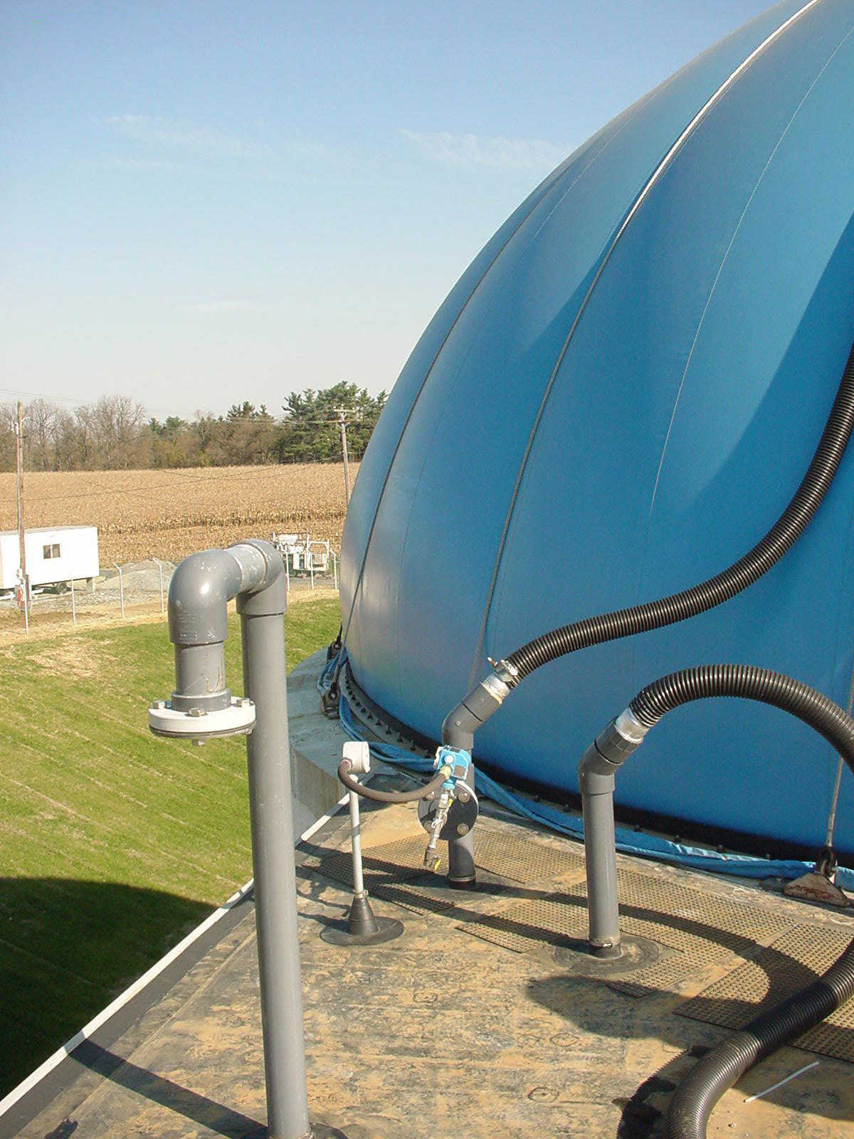 A working Airform — Monolithic Airforms used in waste treatment systems are made of heavy, 31-ounce fabric, according to design specifications so that they fit tightly around the circumference of a waste digestion tank.