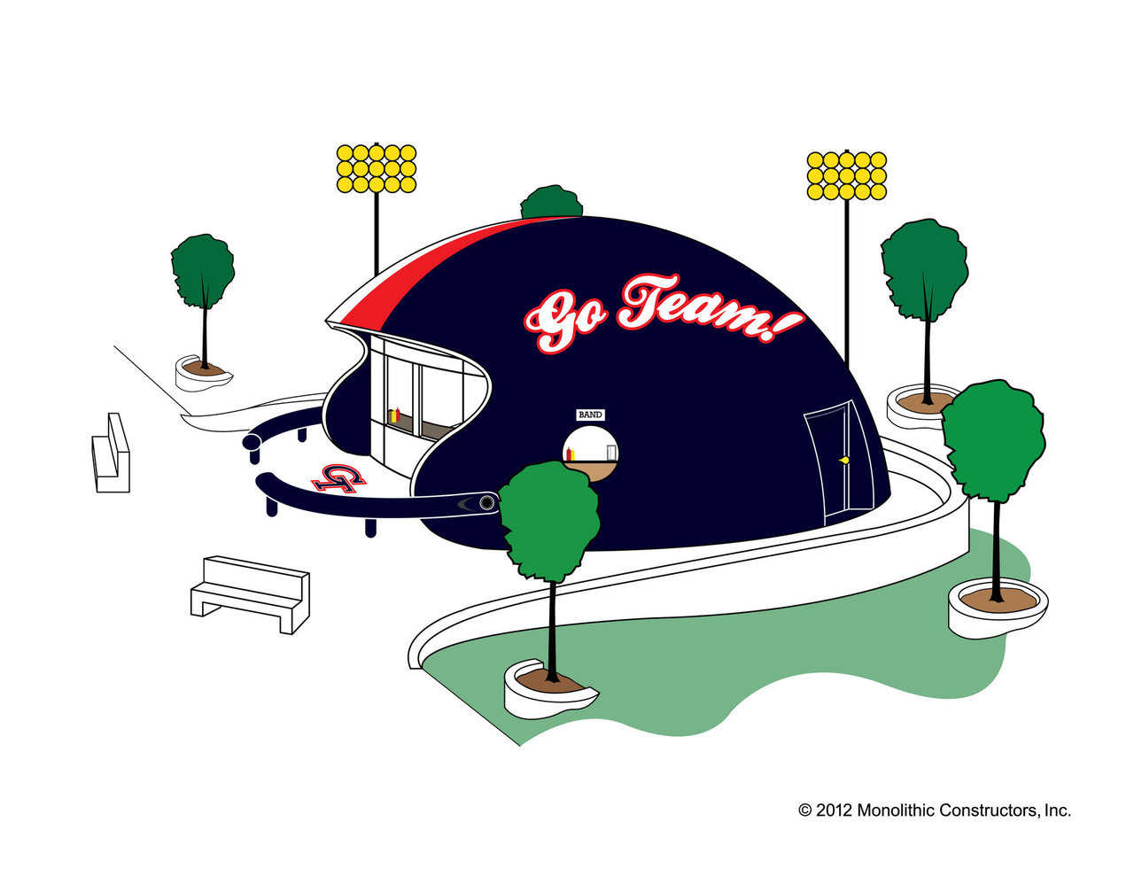 Pump up team pride and spirit with a football helmet-shaped concession dome! These cheerful domes will add even more excitement to games, offer shelter from storms and reduce maintenance cost.