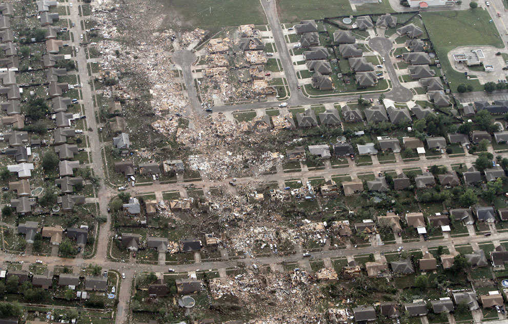 An aerial photo of a neighborhood hit by a massive tornado in Moore, on May 20, 2013.