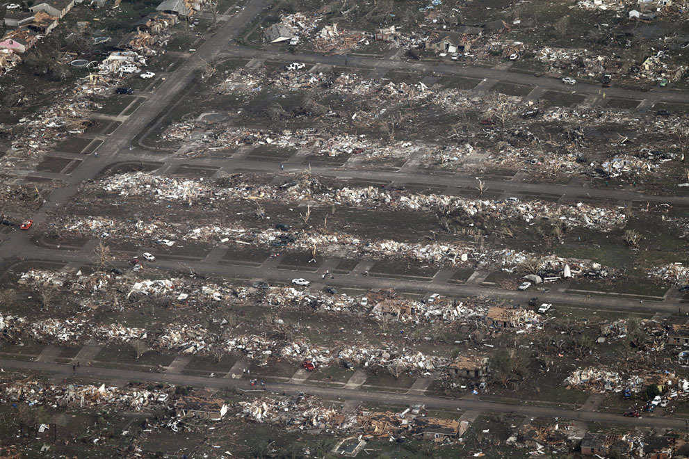 An aerial photo of a neighborhood in Moore destroyed by the massive tornado on May 20, 2013.