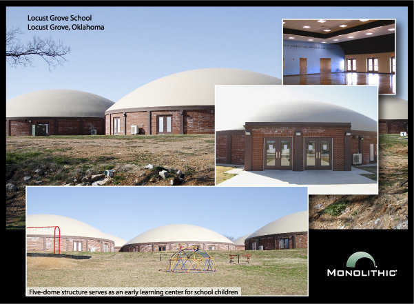 Locust Grove, Oklahoma: This Monolithic Dome designed as an elementary school was completed in 2012. The administration reports that sick days for both students and teachers at this facility were significantly less as compared to a conventional elementary school in the same district. And the dome is tornado-safe — a much needed benefit in Oklahoma.