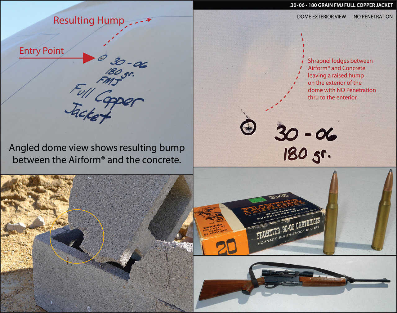 This rifle is a 30-06 and is by far the most powerful projectile that we shot at the Monolithic Dome. For this test we used a 180 grain, full metal jack round. It destroyed the cinder block. There was no penetration into the Monolithic Dome. By the top left picture, you can see that the projectile hit the dome and was deflected up the dome shell.