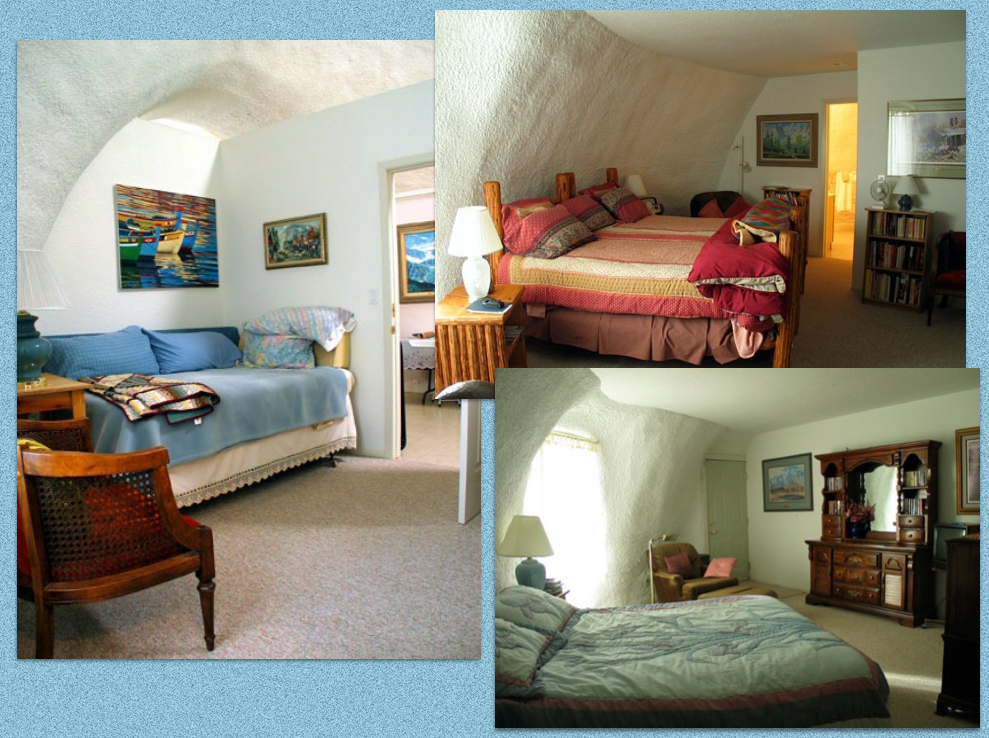 Three of the bedrooms in the Montana House:  The two bedrooms on the right-side of this photo are ideally suited for use in a bed and breakfast. Each of the two rooms has its own bathroom and private exit/entry.