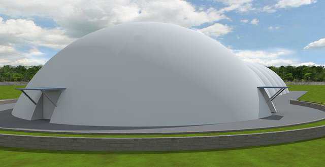 A rendering of the combination dome and caterpillar curling rink design. This is a simple structure meant to be low cost to build and operate.