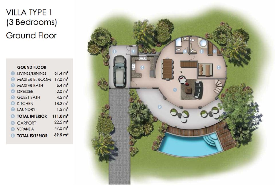 Floor plan for the ground floor of Villa Type 1 in the Domes of Albion.