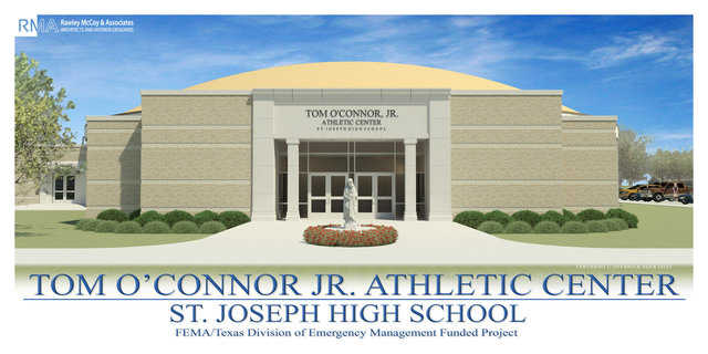 Rendering of nearly complete safe-room / gymnasium for St. Joseph High School in Victoria, Texas.