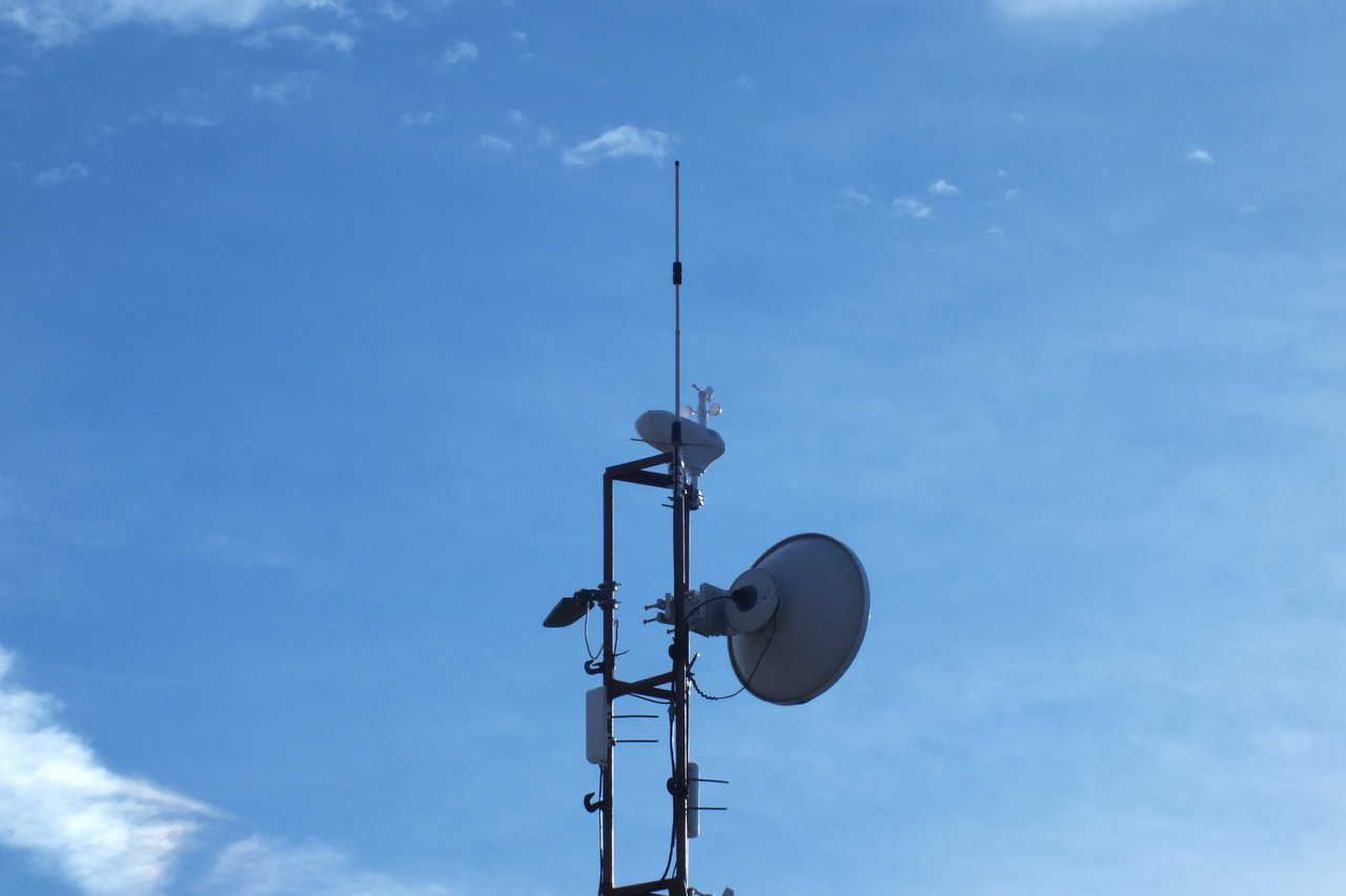 The weather station was installed to the top of the WiFi mast at Monolithic.