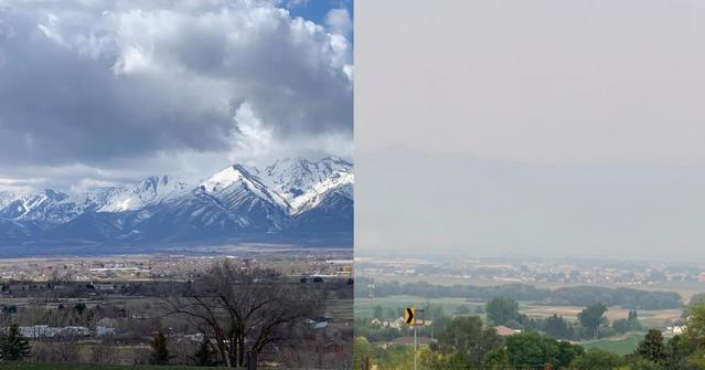 Comparison of clear and smoky views of the Wellsville mountain range
