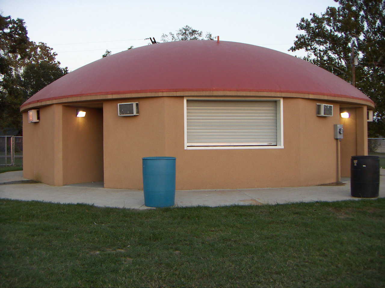 The Trinidad field house is on the football field. It also houses locker rooms,  public restrooms and the concession stand.  Simple & effective!