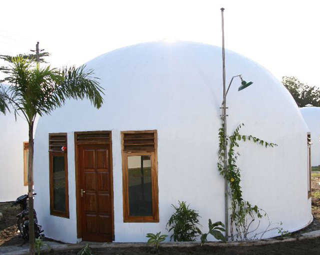 Monolithic EcoShell in Indonesia — Domes For The World trained native workers to build Monolithic EcoShell Domes which provide clean, low-energy use, fire- and disaster-resistant homes and public buildings in New Ngelepen, Indonesia.