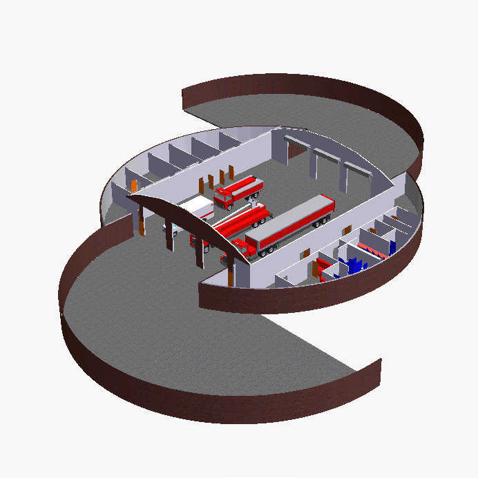 Emergency Center Prototype A (birds eye view) — This alternative for the Emergency Center has the three domes in a row. It will fit on narrower property. The size of the domes will be determined by what needs to go in the building.