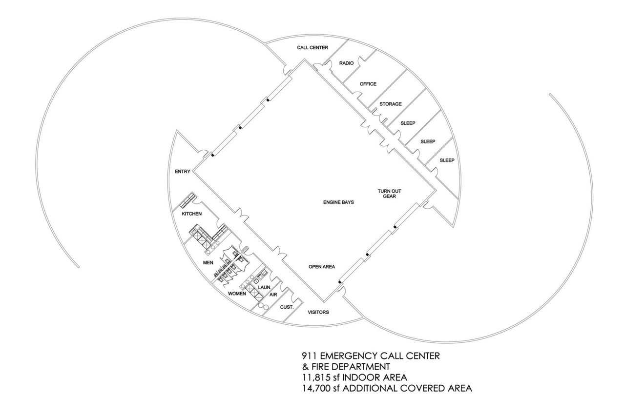 Emergency Center Prototype A (floor plan) — The interior has a lot of space for every need. If so desired or needed, the offices in the back can have windows with tornado shutters or tornado-safe doors.