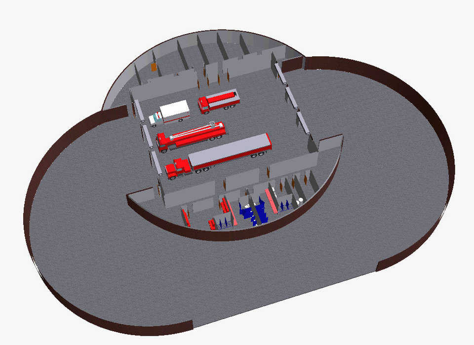 Emergency Center Prototype B (birds eye view) — This alternative (B) for the Emergency Center has three domes offset. It will fit a different shape of property. The size of the domes will be determined by what needs to go in the building.