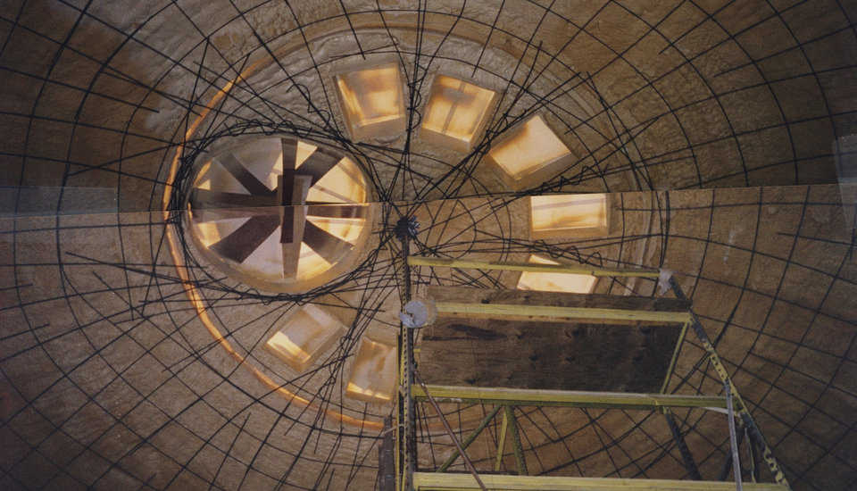 Web of steel — Windows in the floor of the top of the augment. A circular stair case will go in the round hole.