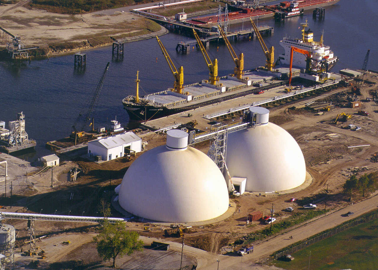 North Texas Cement — North Texas Cement’s storage domes in Houston, Texas holds 38,500 tons of cement in each of the 150-foot diameter by 83-foot tall domes.