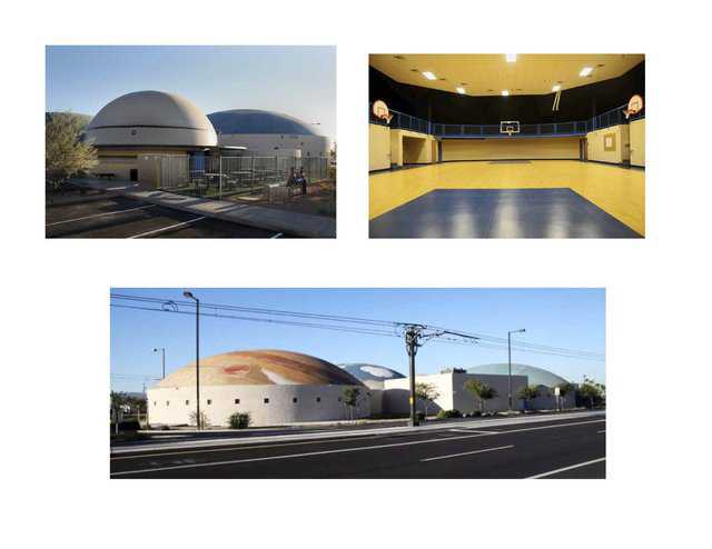 Robert L. Duffy High in Phoenix — This charter school now has a campus of 4 Monolithic Domes, with exteriors adorned to resemble planets: Saturn, Earth, Neptune and Jupiter.