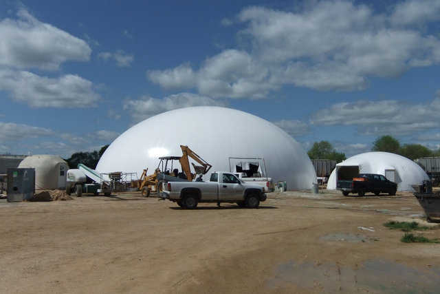 Two domes; two purposes  — Smaller dome was designed as a warehouse for various bulk chemicals. Larger dome was designed as a blending plant and includes eight storage bins and state-of-the-art equipment for mixing various fertilizers.