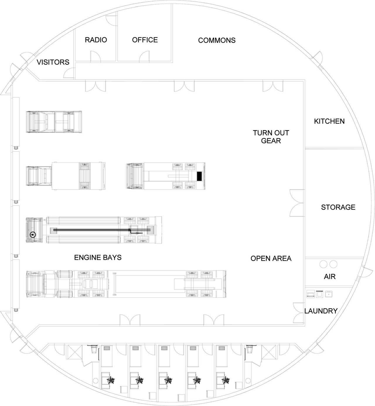 Large firehouse — This firehouse can hold various emergency vehicles as well as provide sleeping quarters.