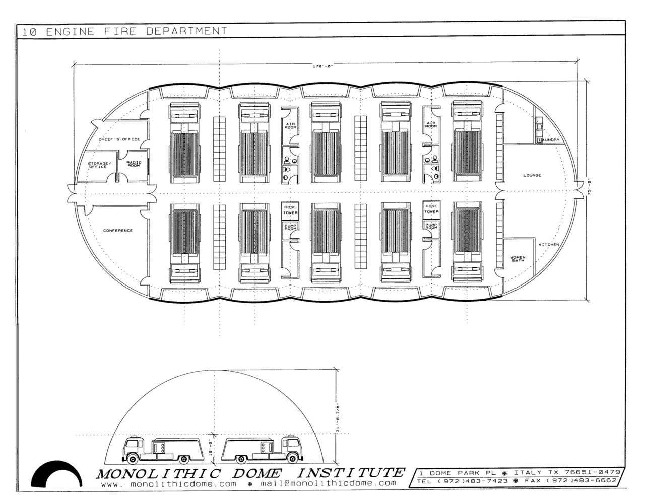 Ten Engine Fire Department — In addition to easily accessed, protected areas for costly, fire-fighting vehicles and equipment, this Monolithic Dome Fire Department includes safe, comfortable accommodations for firefighters, a chief’s office and a conference room.