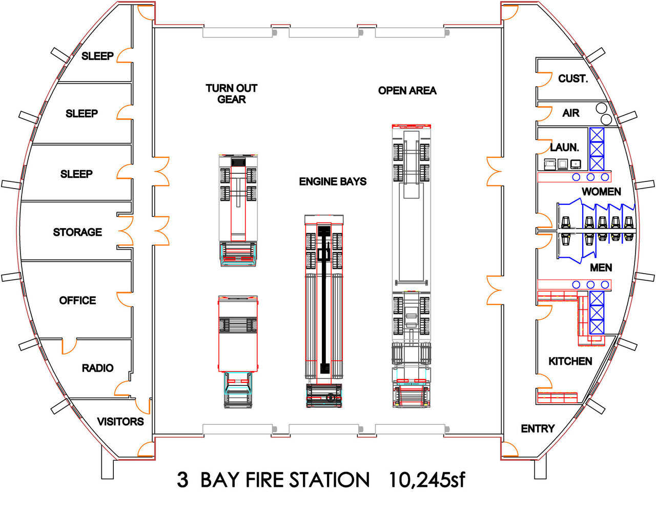 Three Bay Fire Station  — Its 10,245 square feet include sleeping, kitchen and bathroom facilities for both women and men, as well as offices and a visitors’ area.