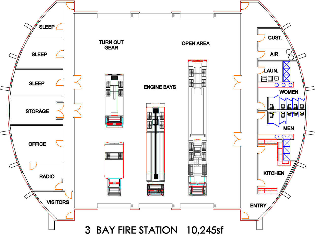 Three Bay Fire Station — Its 10,245 square feet include sleeping, kitchen and bathroom facilities for both women and men, as well as offices and a visitors’ area.