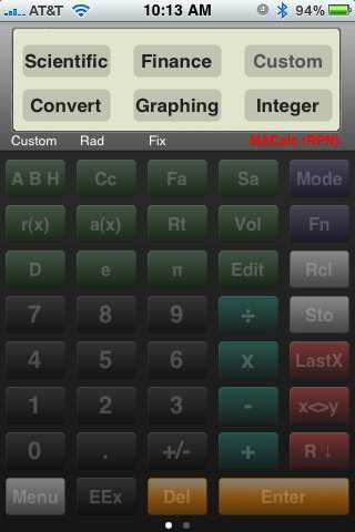 Step 9: Back to the iPhone — Now that the scripts have been installed, turn off the web server. Now we need to restart MACalc Pro, do it by pressing the home button and then starting MACalc Pro again. Once you have the app running again, click on Mode (top left button). Now click on Custom, and you will see the calculator ready use with the dome functions installed.