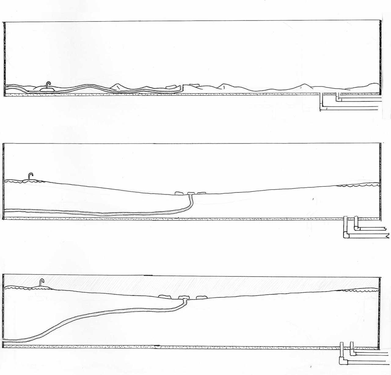 The interior of the revetment with the fabric tank in place ready to be filled with water. The objects on top are weights put in place to force the water to empty properly. Also on the top left is an air vent. The center tubing is a drain put in place to drain rain water from the top of the tank.