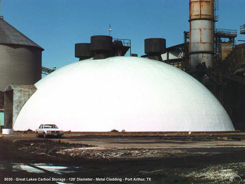 Carbon Storage — Great Lakes Carbon Storage has a Monolithic Dome with a 120’ diameter and a metal cladding cover in Port Arthur, Texas. Located less than 300’ from the Gulf of Mexico, this dome has survived many hurricanes.