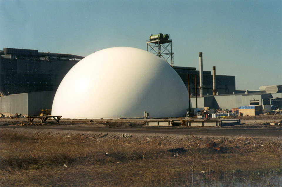 Iron Carbide Storage — Nucor Steel in Blytheville, Arkansas has a 145’ diameter dome for storing 45,000 tons of iron carbide.