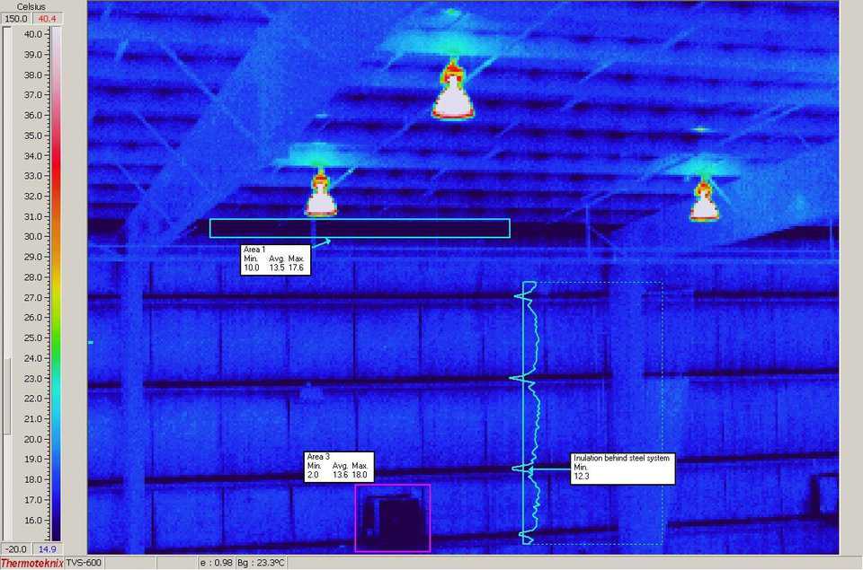 Internal image of shop next door to the Monolithic Shop. Note the black areas – this is the 25 degree below temperature showing on the inside of the building. This insulated building shows virtually no insulation along the metal framing.