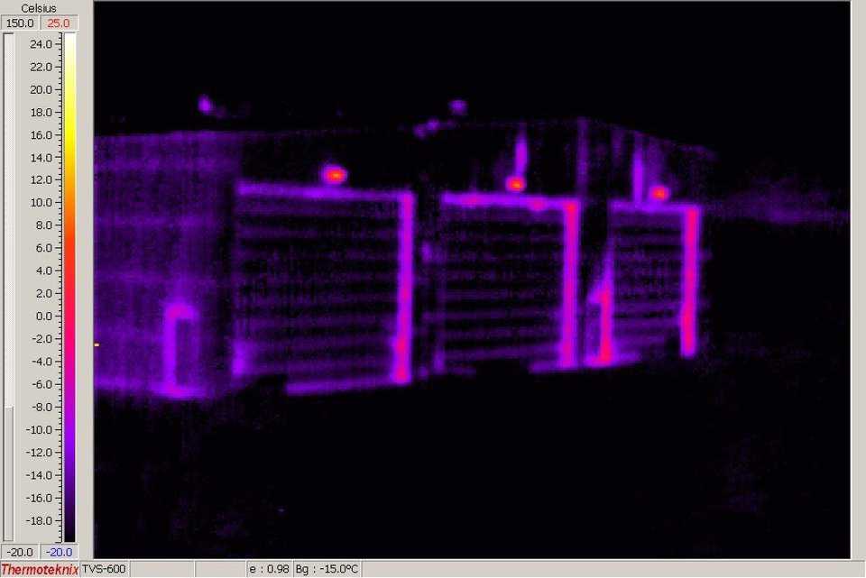 This thermograph is of a 1980 vintage metal building that is considered well insulated. The picture indicates this is true for a metal building. But even here the heat loss can be seen by the colors.