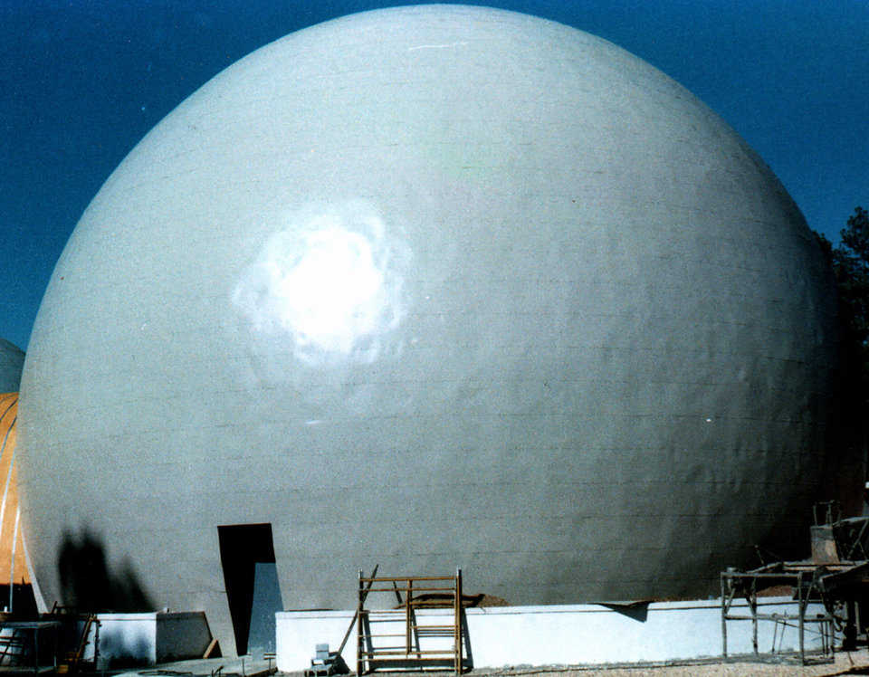 Galaxy Four Theater — This new Monolithic Dome theater is clad in an attractive metal coat that can be easily seen from a distance.