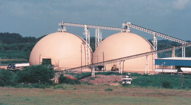 Ammonium Nitrate and Diammonium Phosphate storage — Equalizer Inc.‘s twin Monolithic Domes, 130’ x 70’ each, at the Port of Victoria in Victoria, Texas