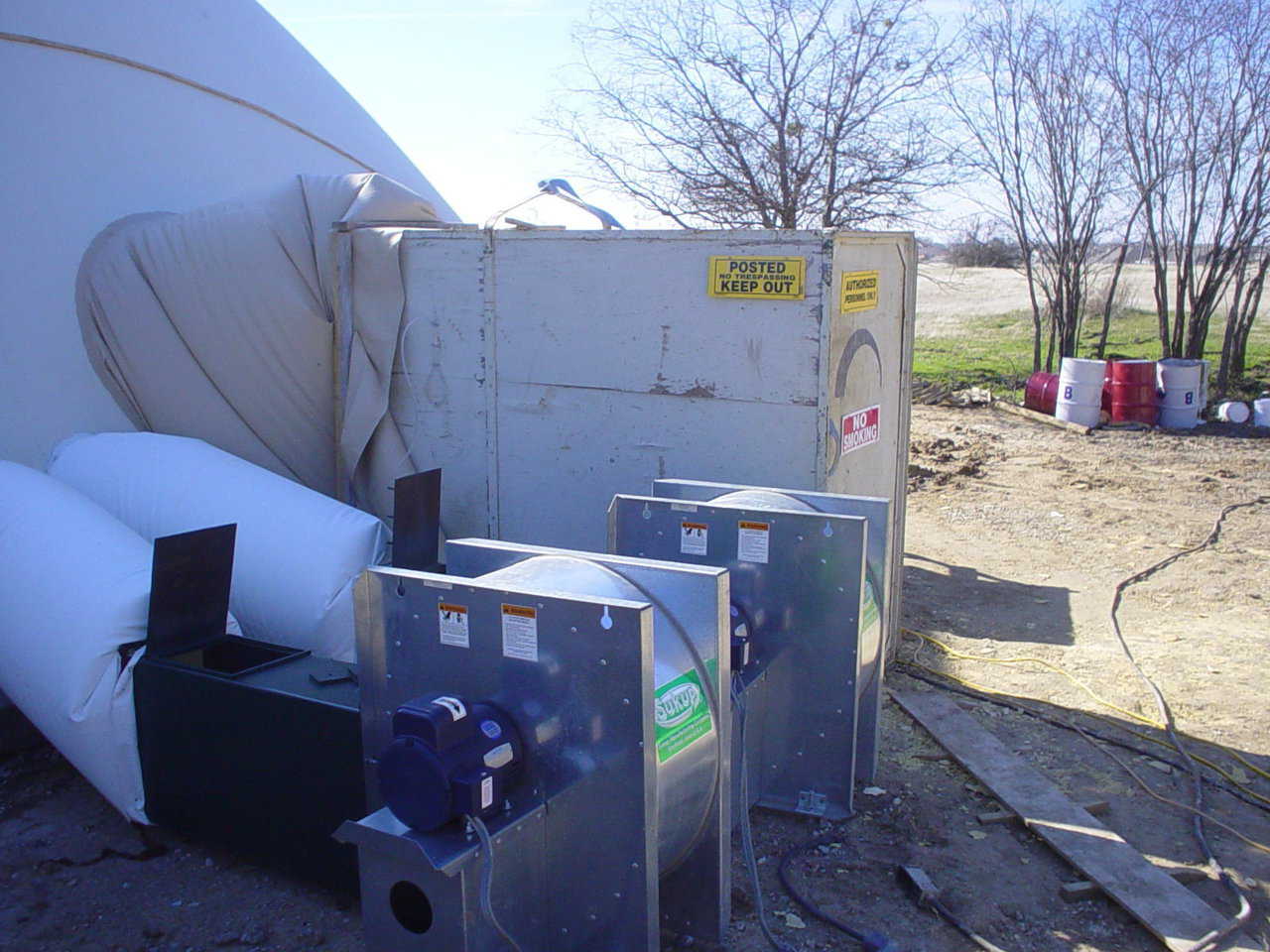 Dome is inflated. — Dual fans are used, and often dual power sources, to decrease the chance of power loss. Keeping the air pressure in a dome is the most important factor during dome construction. These fans are called SC3s