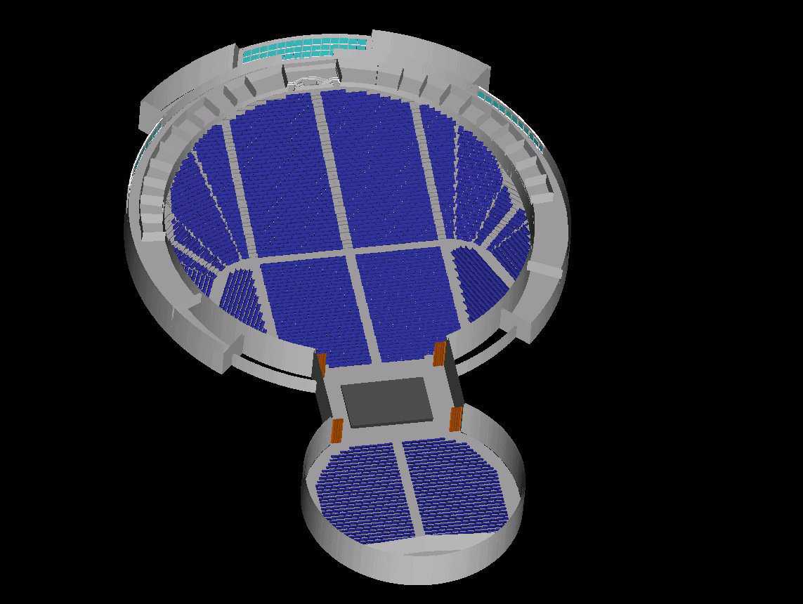 Versatile sports/performance facility — This is the view of the multi-purpose performance venue as it will look with all seats. As can easily be seen, the stage is in the middle or between the two Domes.