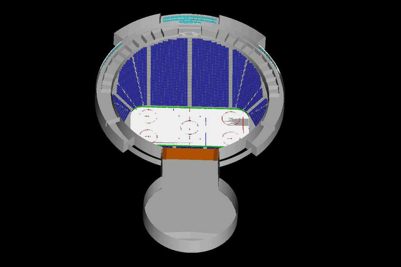 Hockey Rink — This is the same view but with a hockey rink in place that could be used for basketball, arena football, as well as other sports.