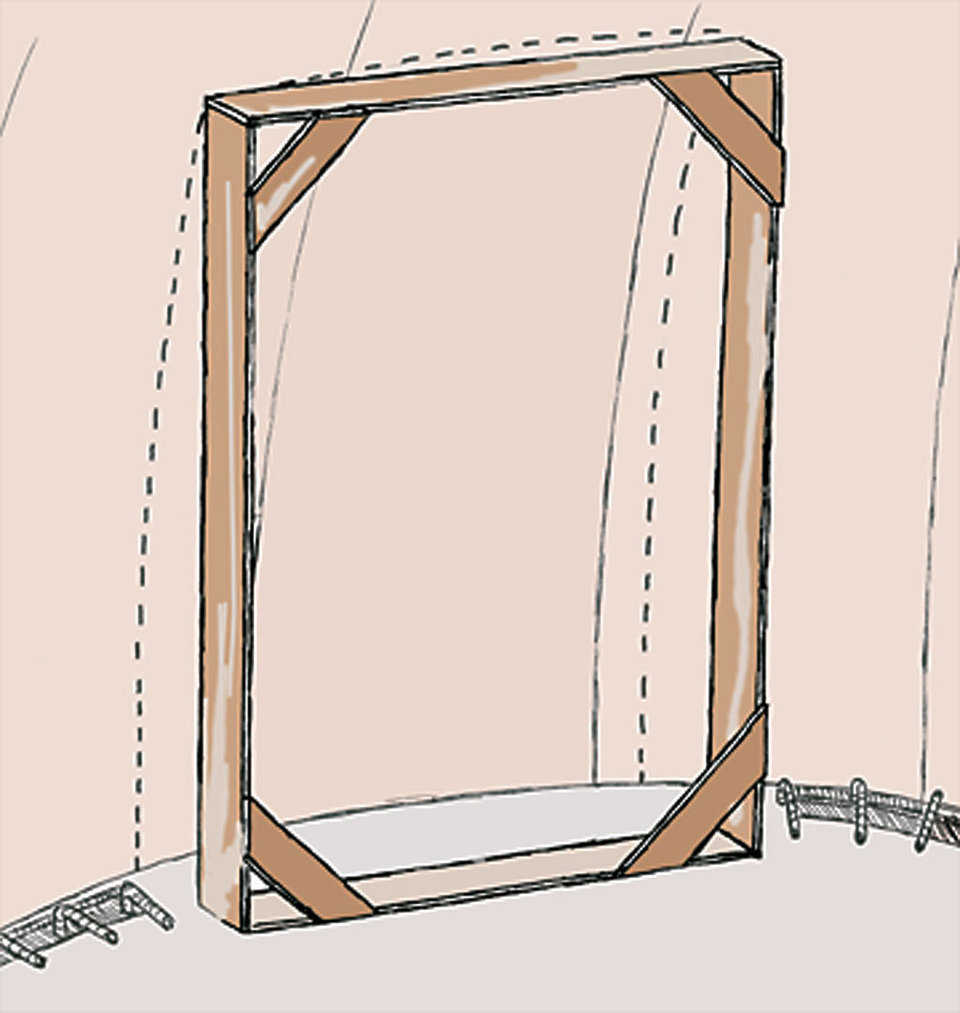Figure 9 — Another way of making an inset opening is to make a frame to fit the opening. Using the measurements you have marked on the Airform, cut wood pieces to size of opening. Standing the frame up to the dome, check for level accuracy.