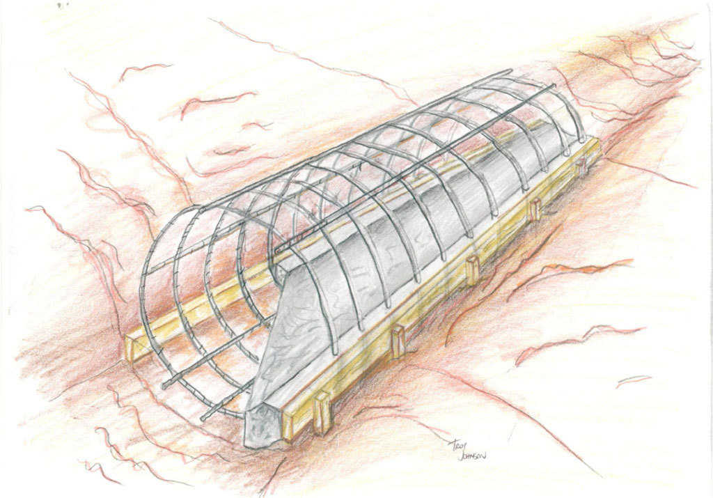 Set rebar — Now the crews will make the rebar cage needed to reinforce the concrete and place it in the hole.  Then concrete is poured to form the bottom of the culver, and to hold the steel in place.