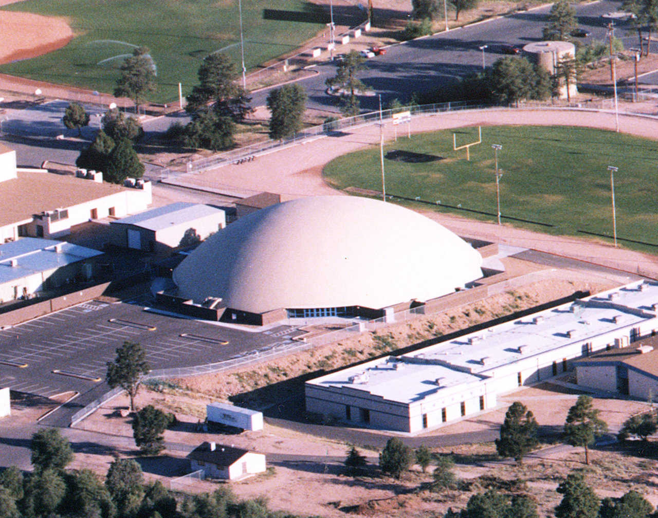 Aerial view — This Monolithic Dome sports center has a diameter of 200 feet.
