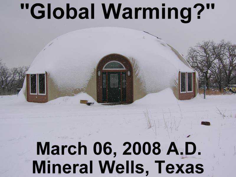 Snow-covered Palo Pinto Dome — The Smiths’ Monolithic Dome home stays cozy and warm even during record snowfalls.