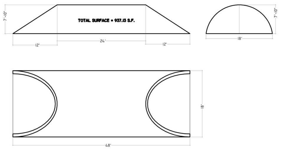 This simple sketch shows one of an infinite number of profiles. The Monolithic Bridge can be of any length and a wide variety of heights and widths. The sloped ends can also be varied or left off.