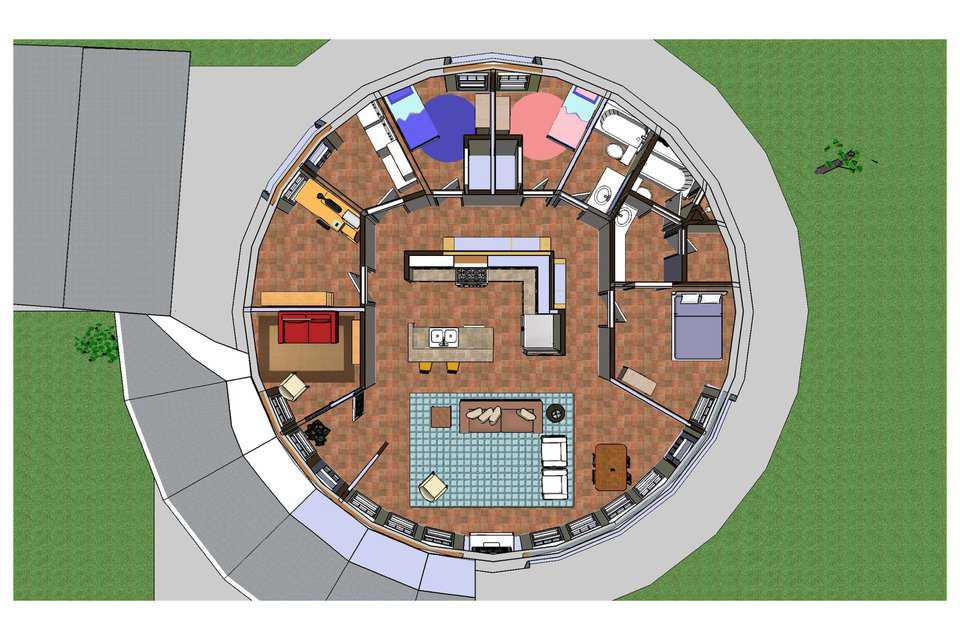 Focal point: compact kitchen — A great room, sitting room, office, laundry, three bedrooms and two bathrooms encircle the kitchen.